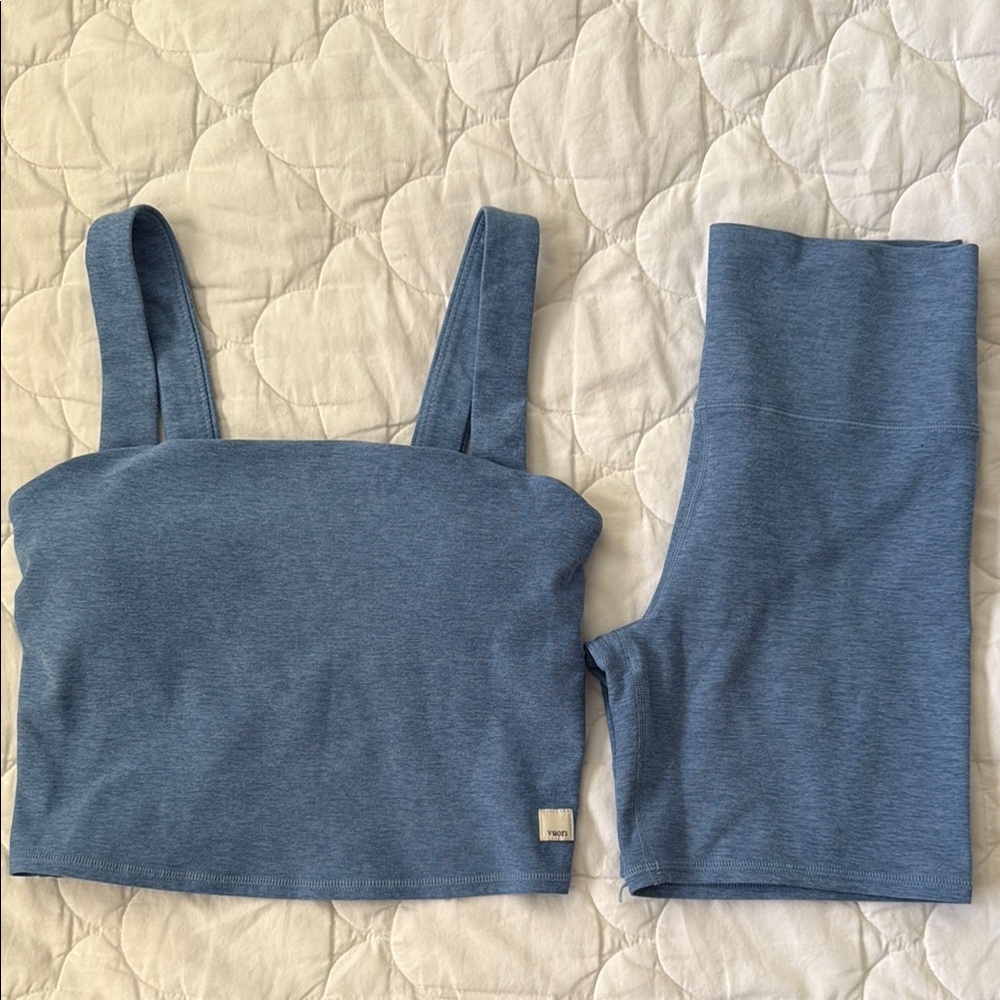 Vuori Clean Elevation tank and biker shorts set in Isle Blue